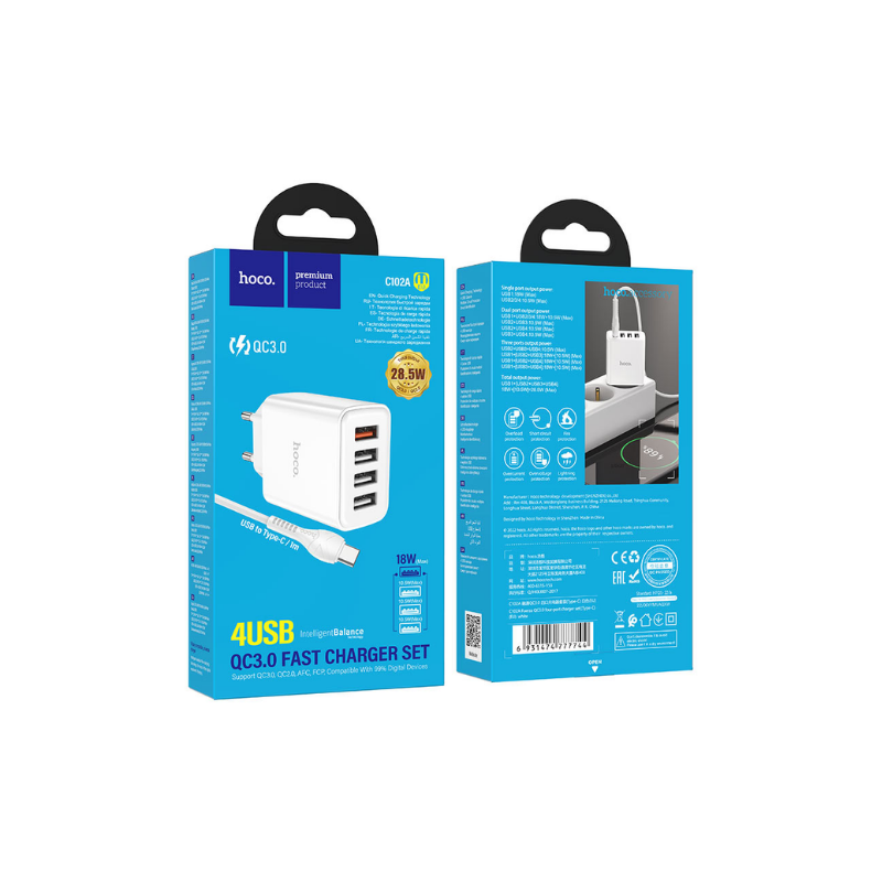 C102MIC CARGADOR HOCO C102A QC3.0 - 4 USB + CABLE MICRO - Imagen 1